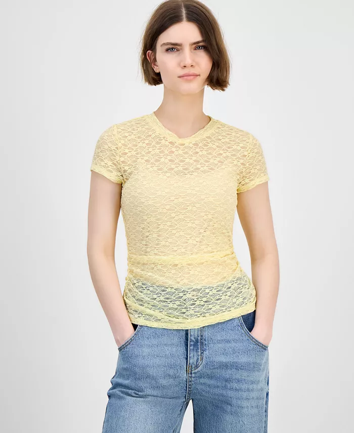 Женская кружевная футболка с коротким рукавом и круглым вырезом Bar III, желтый
Женская кружевная футболка с коротким рукавом и круглым вырезом Bar III, желтый
