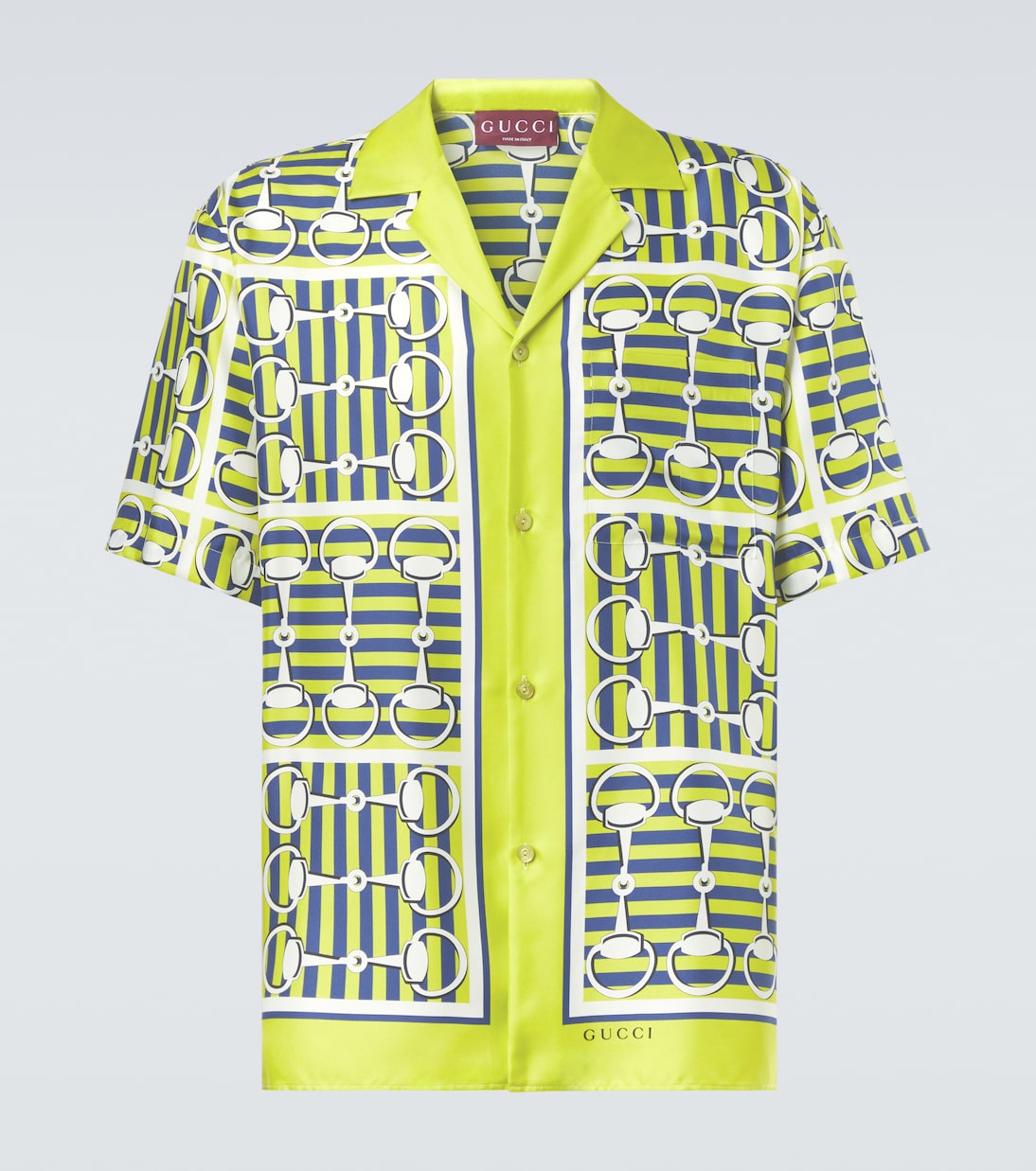 Шелковая рубашка для боулинга в рубчик с подковой Gucci, Lime/Blue/Mc
Шелковая рубашка для боулинга в рубчик с подковой Gucci, Lime/Blue/Mc