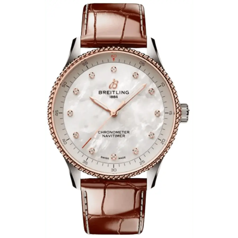 Женские часы Breitling Navitimer 32 с кварцевым циферблатом из перламутра и бриллиантов, кожаным ремешком из розового золота 18 карат, U77320E61A1P1
Женские часы Breitling Navitimer 32 с кварцевым циферблатом из перламутра и бриллиантов, кожаным ремешком из розового золота 18 карат, U77320E61A1P1