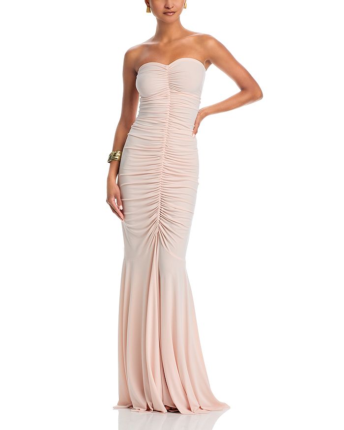 Бесплечее платье-русалка с плиссировкой на лифе Norma Kamali, розовый 
Бесплечее платье-русалка с плиссировкой на лифе Norma Kamali, розовый