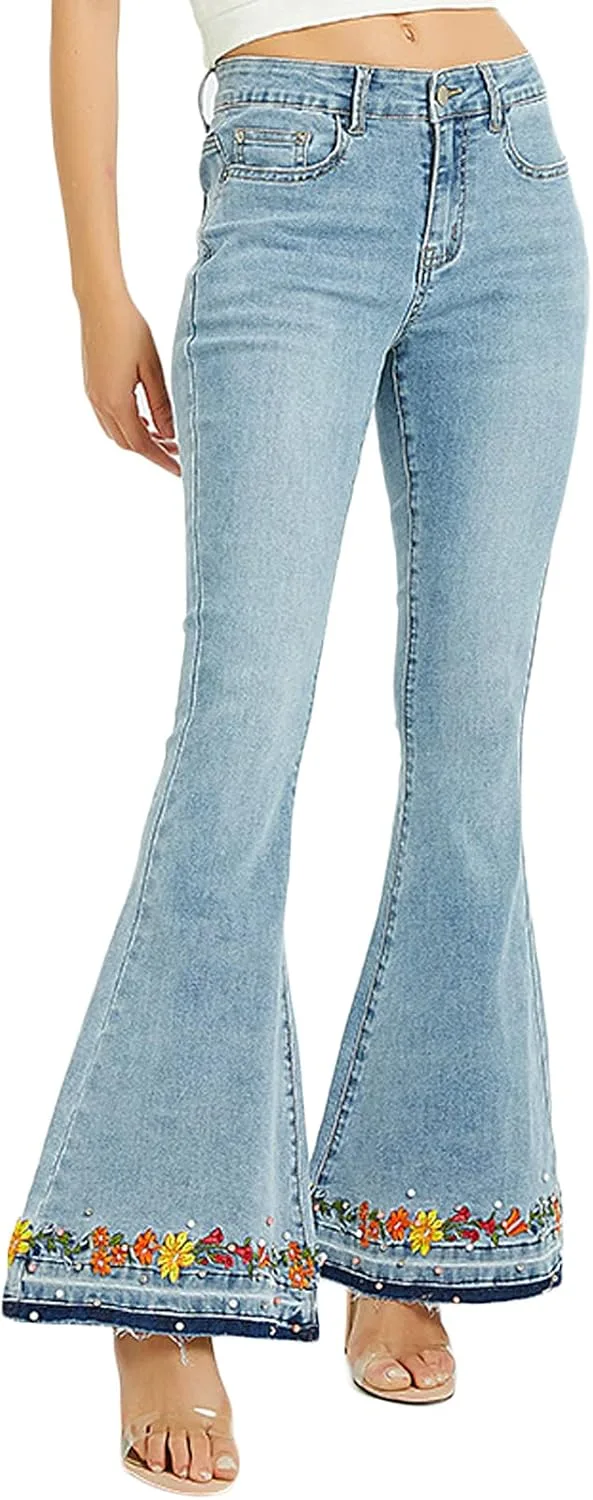 Женские джинсы-клеш с цветочной вышивкой и рваным краем ThCreasa
Женские джинсы-клеш с цветочной вышивкой и рваным краем ThCreasa