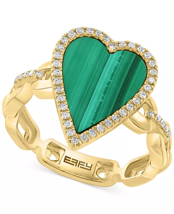 Кольцо Effy в форме сердца с малахитом (13 x 10 мм) и бриллиантом (1/4 карата) из 14-каратного золота на серебре Effy Collection, malachite
Кольцо Effy в форме сердца с малахитом (13 x 10 мм) и бриллиантом (1/4 карата) из 14-каратного золота на серебре Effy Collection, malachite
