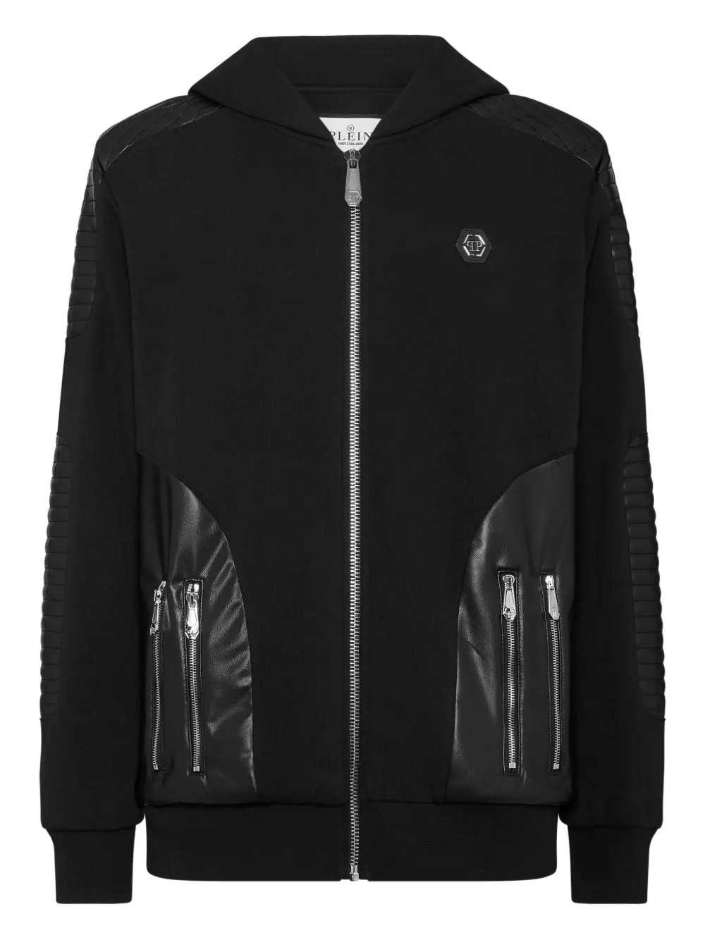 Стеганая кожаная толстовка с капюшоном Philipp Plein, черный
Стеганая кожаная толстовка с капюшоном Philipp Plein, черный