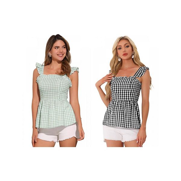 Две упаковки топов с баской для женщин, летняя блузка с квадратным вырезом и без рукавов в клетку Inspire Chic, Light Pea Green Black
Две упаковки топов с баской для женщин, летняя блузка с квадратным вырезом и без рукавов в клетку Inspire Chic, Light Pea Green Black