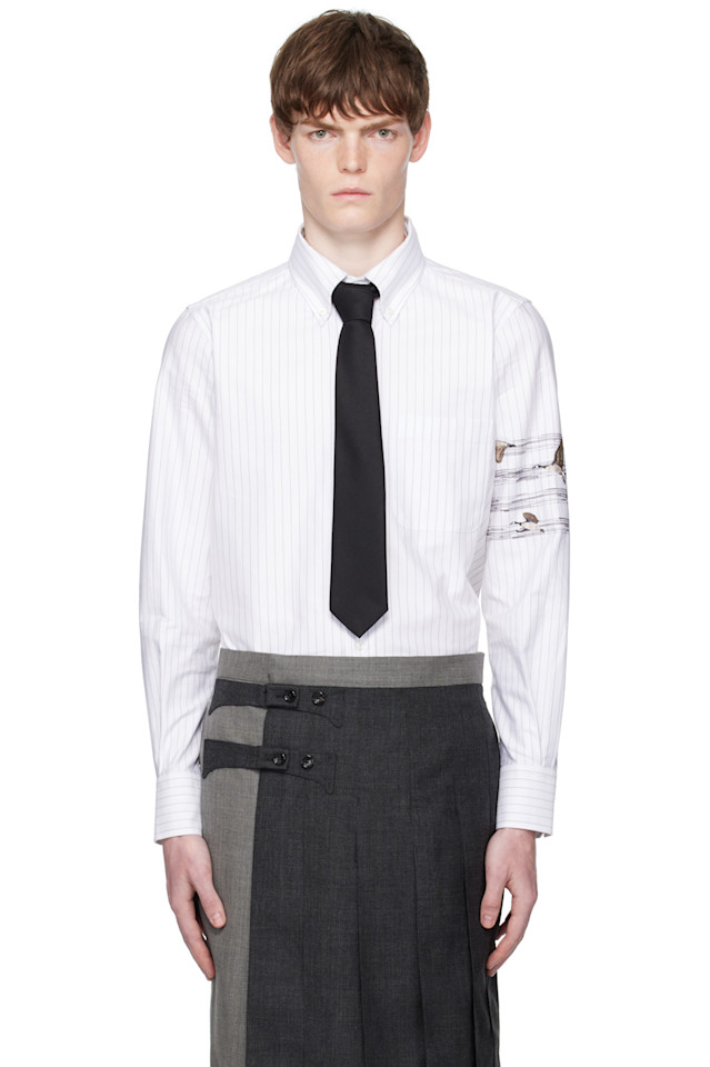 Рубашка оксфорд с гусиным узором в полоску 4-полосная Thom Browne, серый 
Рубашка оксфорд с гусиным узором в полоску 4-полосная Thom Browne, серый