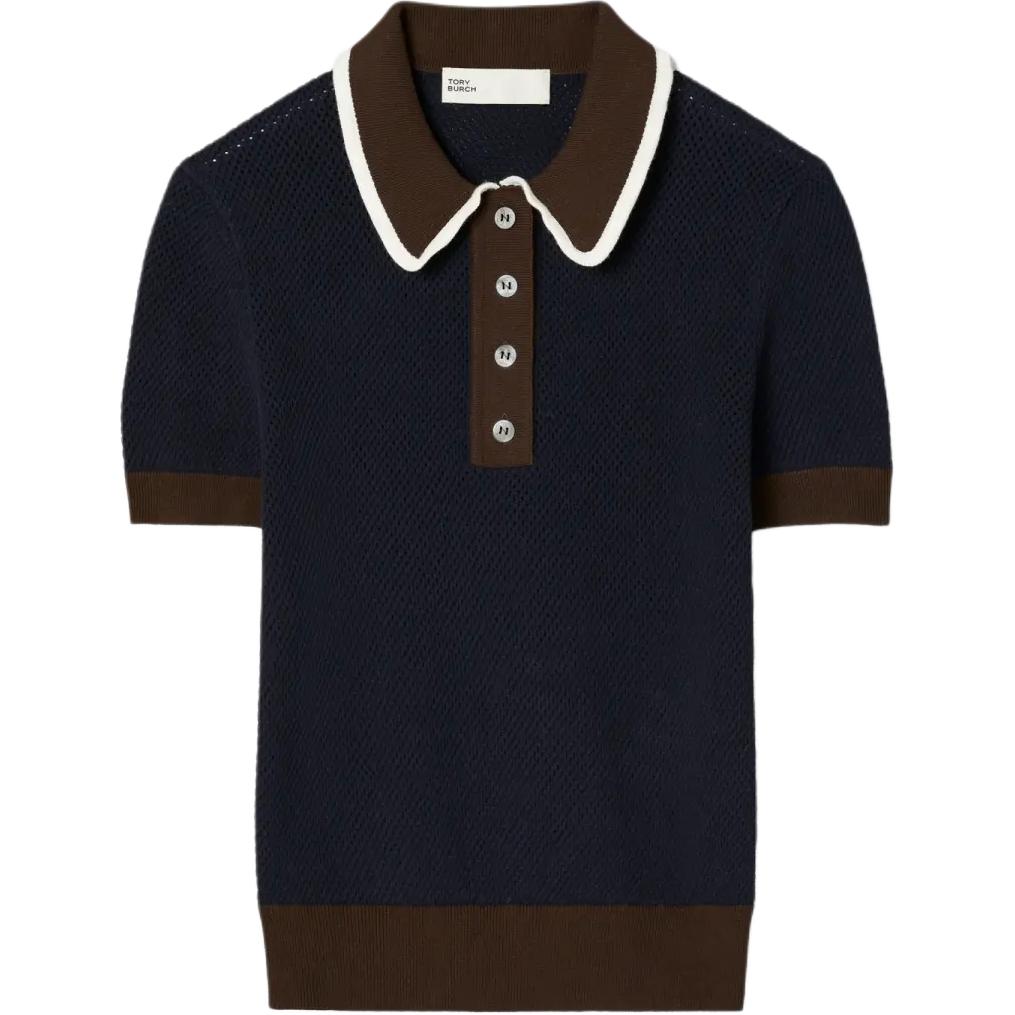 Tory Burch Женская трикотажная рубашка-поло морского синего цвета с умеренным воротником
Tory Burch Женская трикотажная рубашка-поло морского синего цвета с умеренным воротником