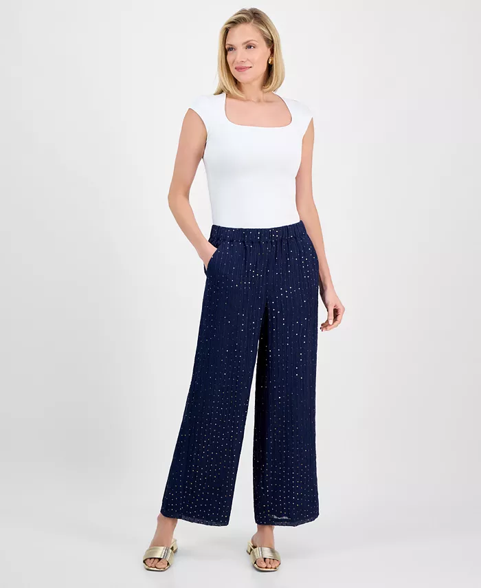 Женские брюки с высокой посадкой и широкими штанинами из плиссированной ткани с пайетками JM Collection, синий
Женские брюки с высокой посадкой и широкими штанинами из плиссированной ткани с пайетками JM Collection, синий