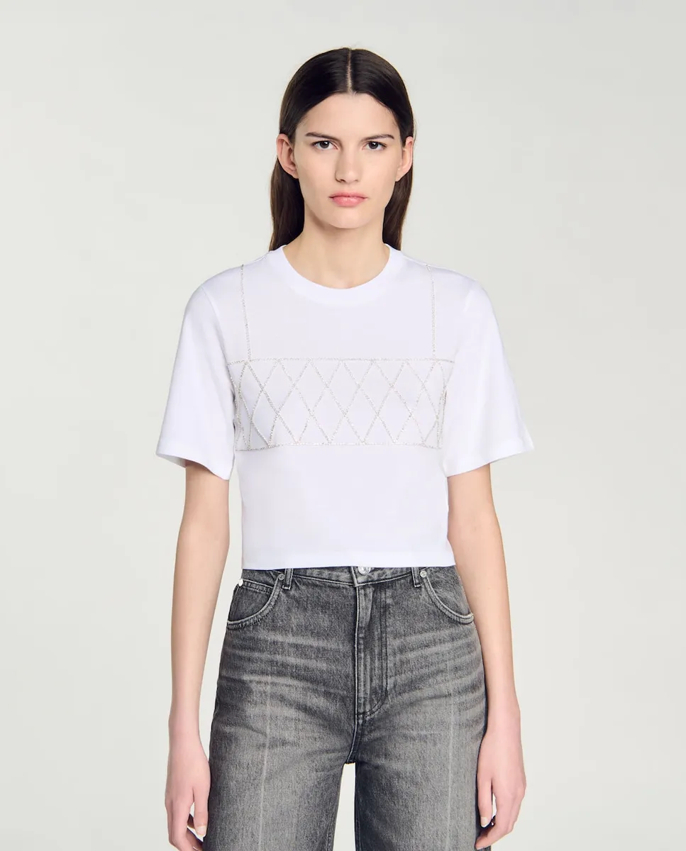 Женская укороченная футболка со стразами Sandro, белый
Женская укороченная футболка со стразами Sandro, белый