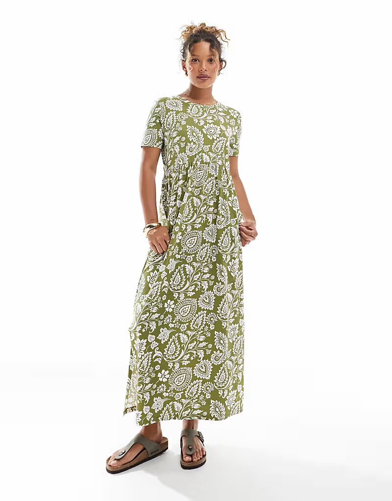 Изношенное трикотажное платье миди с короткими рукавами и заниженной талией в цвете хаки с принтом пейсли Threadbare