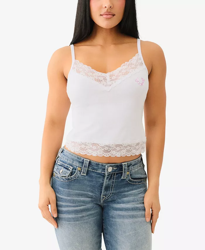 Женский топ без рукавов с вышивкой кристаллами и кружевом True Religion, белый 
Женский топ без рукавов с вышивкой кристаллами и кружевом True Religion, белый