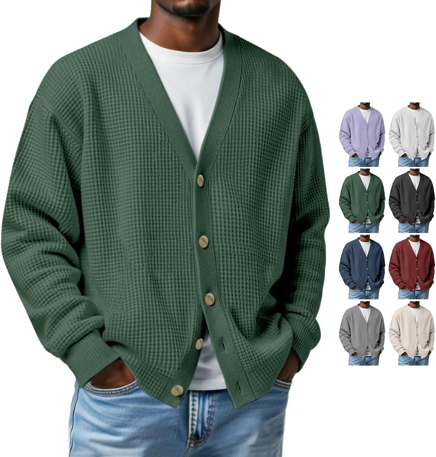 Мужской кардиган с фактурной вафельной вязкой, длинным рукавом и V-образным вырезом
Мужской кардиган с фактурной вафельной вязкой, длинным рукавом и V-образным вырезом
