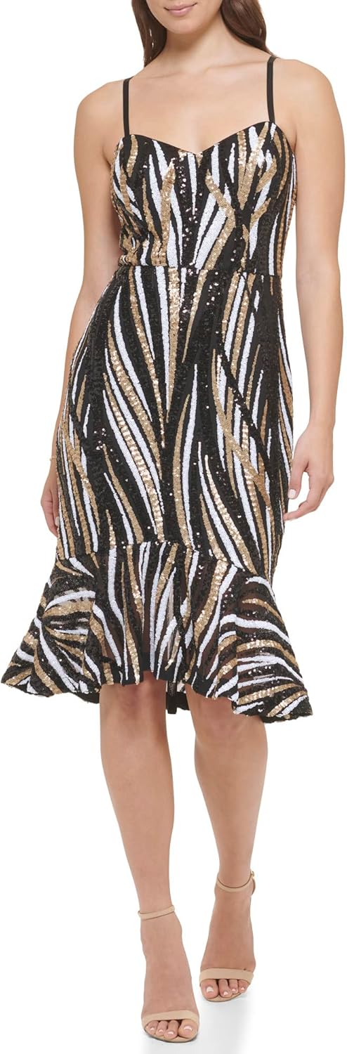 GUESS Женское платье миди с пайетками, сеткой и воланами по подолу, Black Multi
GUESS Женское платье миди с пайетками, сеткой и воланами по подолу, Black Multi