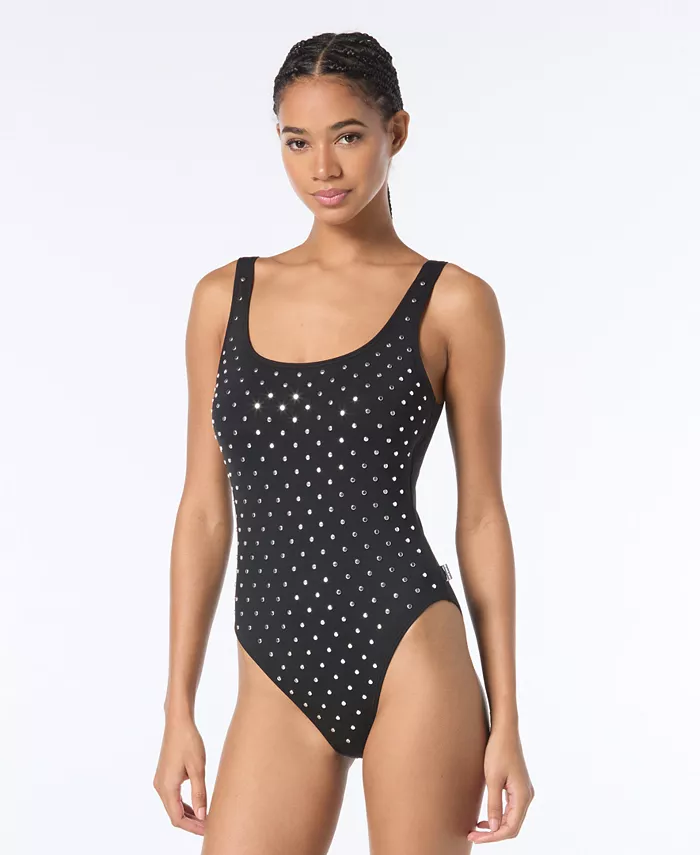 Женский цельнокроеный купальник с декором из заклепок и вырезом лодочкой Michael Kors, черный 
Женский цельнокроеный купальник с декором из заклепок и вырезом лодочкой Michael Kors, черный