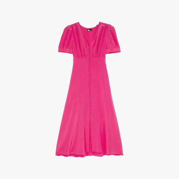 Платье шелковое The Kooples с V-образным вырезом и пуговицами, фуксия 
Платье шелковое The Kooples с V-образным вырезом и пуговицами, фуксия
