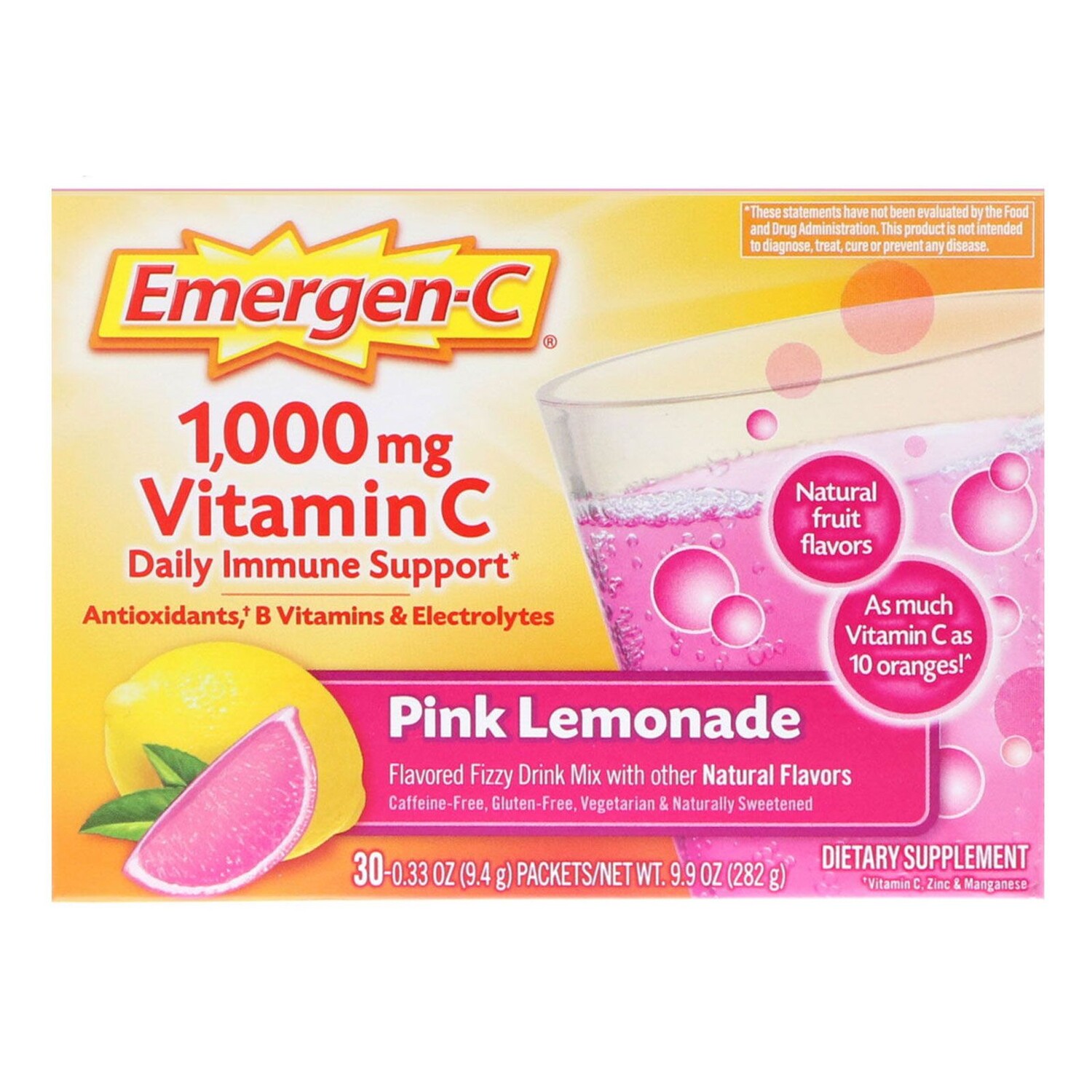 Emergen-C 1,000 mg Vitamin C Daily Immune Support Pink Lemonade 30 Packets 0.33 oz (9.4 g) Each
Emergen-C 1,000 mg Vitamin C Daily Immune Support Pink Lemonade 30 Packets 0.33 oz (9.4 g) Each