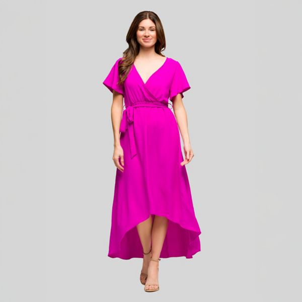 Женское платье с V-образным вырезом, поясом и асимметричным подолом в стиле фальш-рап 24Seven Comfort Apparel, пурпурный 
Женское платье с V-образным вырезом, поясом и асимметричным подолом в стиле фальш-рап 24Seven Comfort Apparel, пурпурный