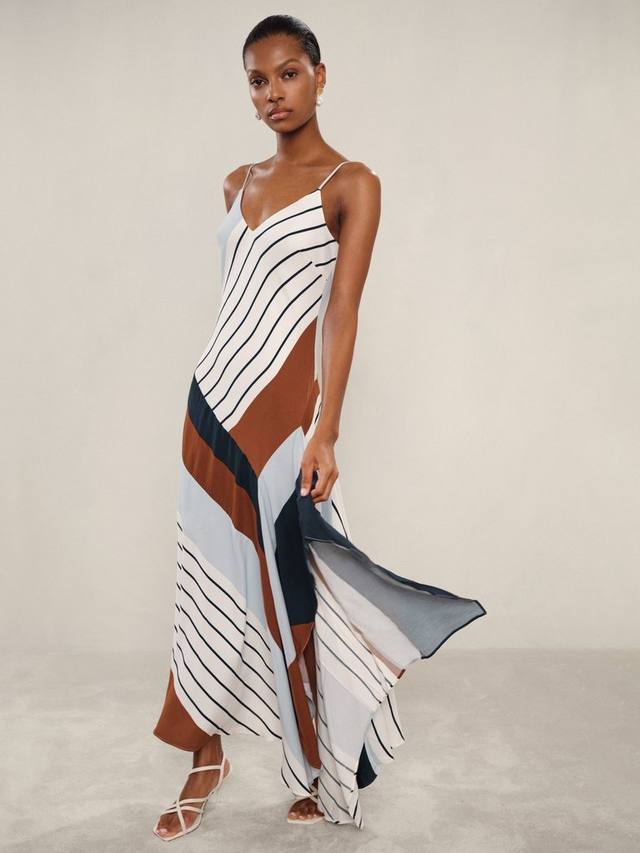 Асимметричное платье макси с драпировкой в ретро-полоску от hallia Reiss, цвет Blue/Brown 
Асимметричное платье макси с драпировкой в ретро-полоску от hallia Reiss, цвет Blue/Brown