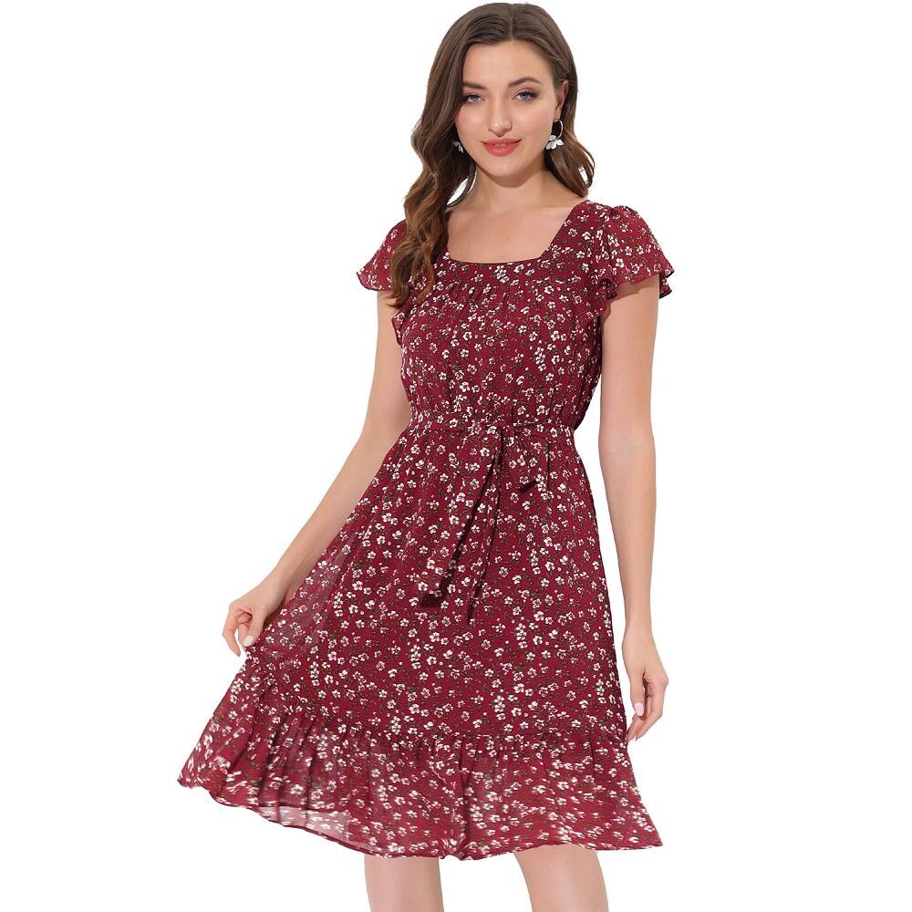Платье с рюшами для женщин, шифоновое платье с квадратным вырезом и цветочным принтом, с развевающимися рукавами и поясом ALLEGRA K, цвет Burgundy
Платье с рюшами для женщин, шифоновое платье с квадратным вырезом и цветочным принтом, с развевающимися рукавами и поясом ALLEGRA K, цвет Burgundy