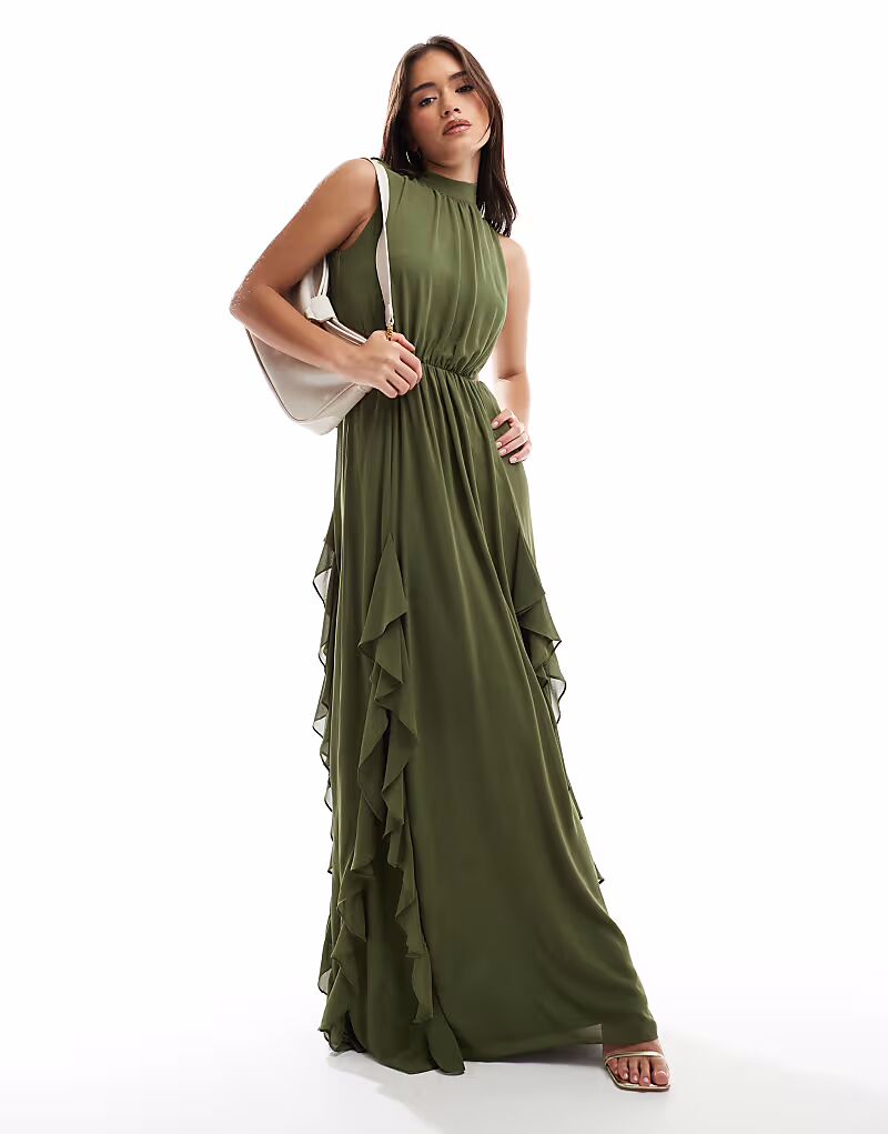 Платье макси TFNC с оборками, открытой спиной и разрезом на бедрах нежно-оливкового цвета
Платье макси TFNC с оборками, открытой спиной и разрезом на бедрах нежно-оливкового цвета
