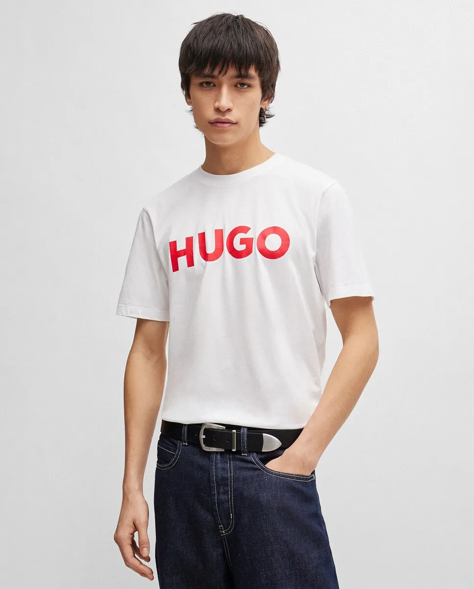 Мужская футболка классического кроя из хлопкового джерси с принтом логотипа Hugo, белый 
Мужская футболка классического кроя из хлопкового джерси с принтом логотипа Hugo, белый
