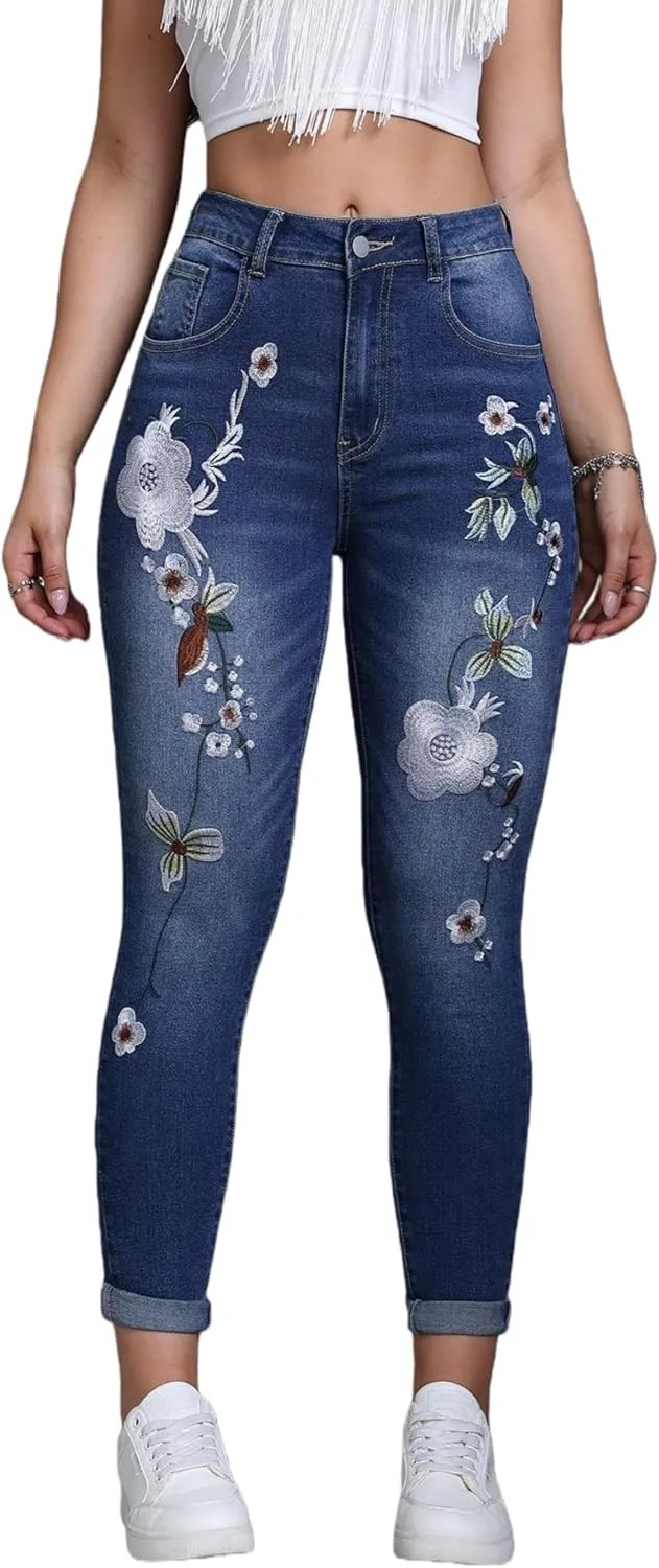 Women's Blue High-Waist Stretch Slim Jeans with Floral Embroidery, Casual Vintage Jeans Suitable for Casual Outings TimeGofate
Women's Blue High-Waist Stretch Slim Jeans with Floral Embroidery, Casual Vintage Jeans Suitable for Casual Outings TimeGofate