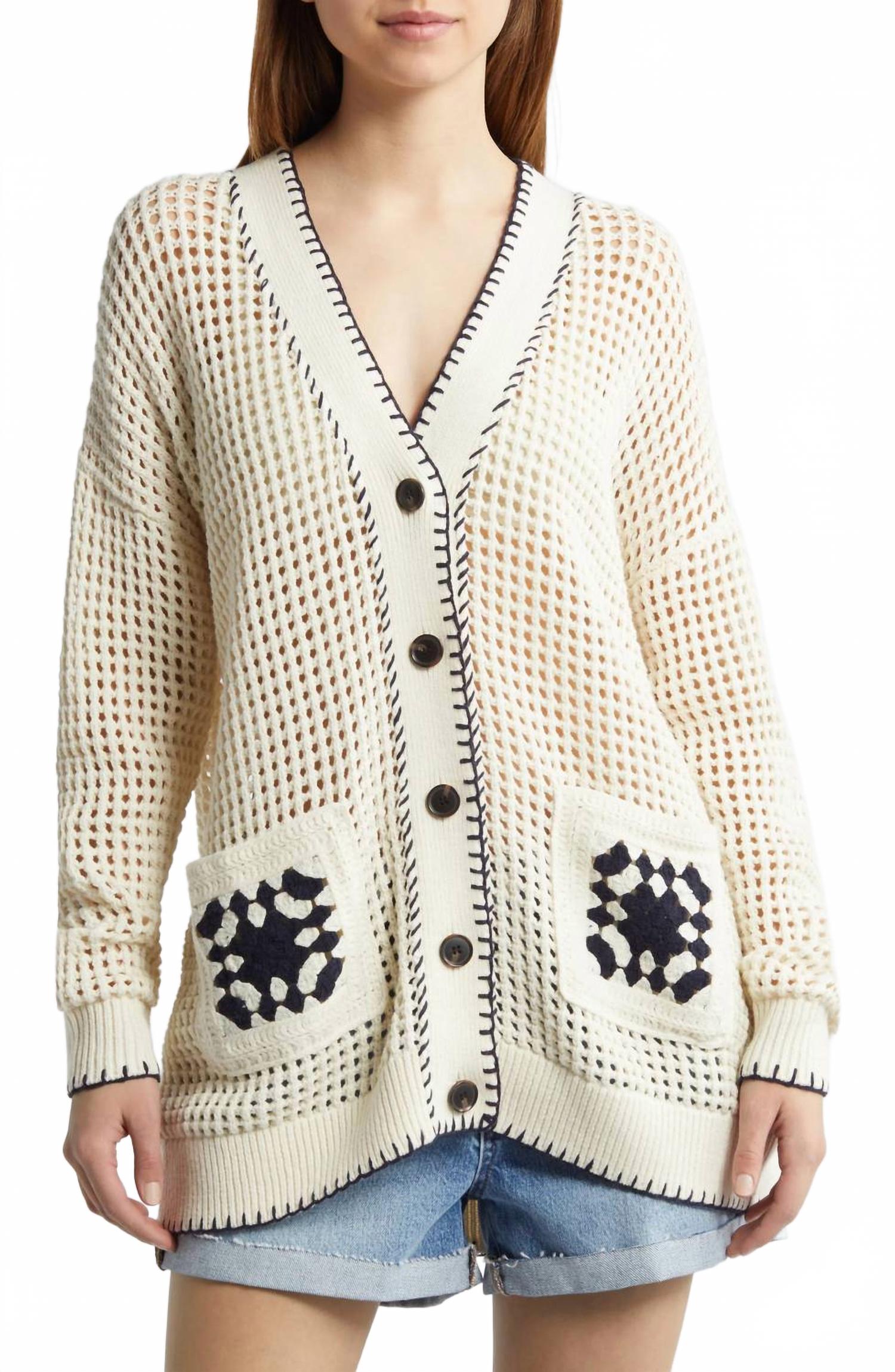 Кардиган с ажурными узорами крючком в цвете крем/темно-синий FRAME
Кардиган с ажурными узорами крючком в цвете крем/темно-синий FRAME