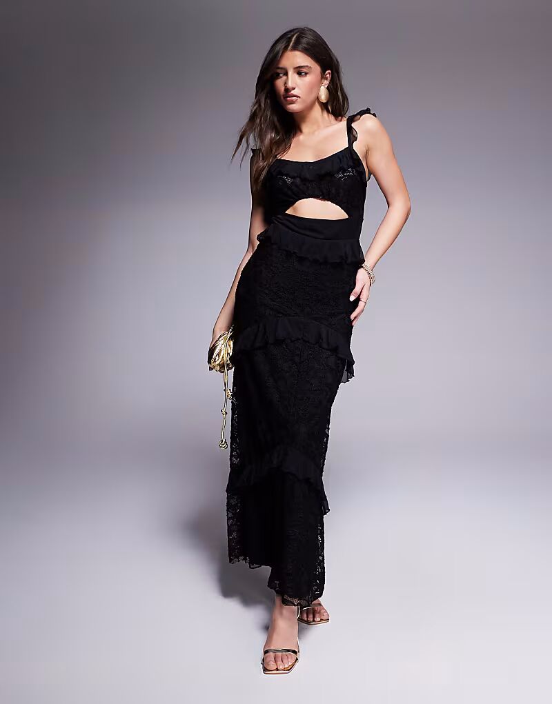 Платье макси из кружева и сетки ASOS DESIGN черного цвета с многоуровневыми оборками 
Платье макси из кружева и сетки ASOS DESIGN черного цвета с многоуровневыми оборками
