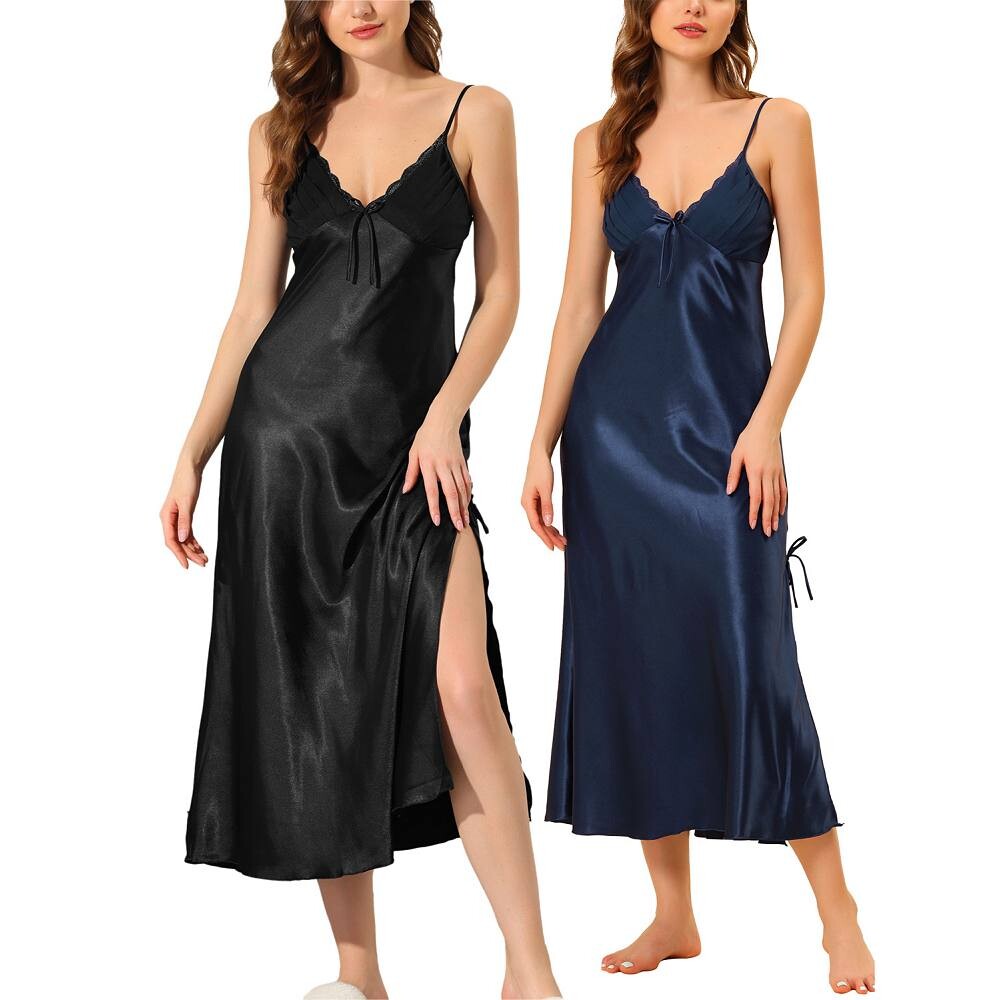 Женская атласная ночная рубашка с V-образным вырезом, ночная рубашка, повседневное платье миди с боковым разрезом Cheibear, цвет Black Blue 
Женская атласная ночная рубашка с V-образным вырезом, ночная рубашка, повседневное платье миди с боковым разрезом Cheibear, цвет Black Blue