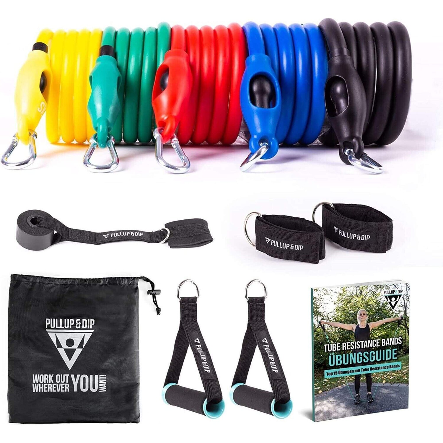 Набор из 5 лент сопротивления с ручками, дверным анкером, ремешками для ног и спортивной сумкой PULLUP & DIP, красочный
Набор из 5 лент сопротивления с ручками, дверным анкером, ремешками для ног и спортивной сумкой PULLUP & DIP, красочный