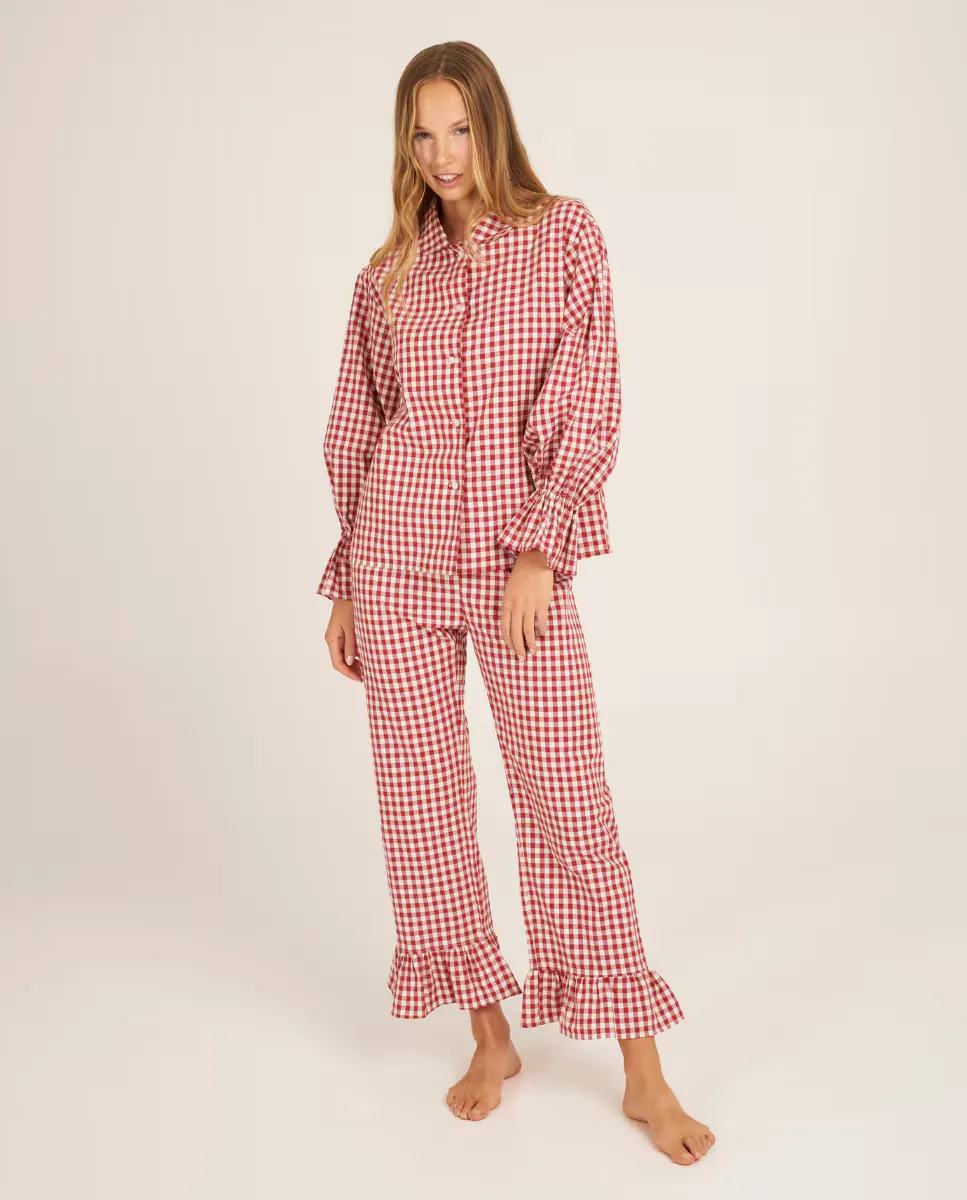 Женская пижама в клетку с рюшами на манжетах Bohodot, красный 
Женская пижама в клетку с рюшами на манжетах Bohodot, красный