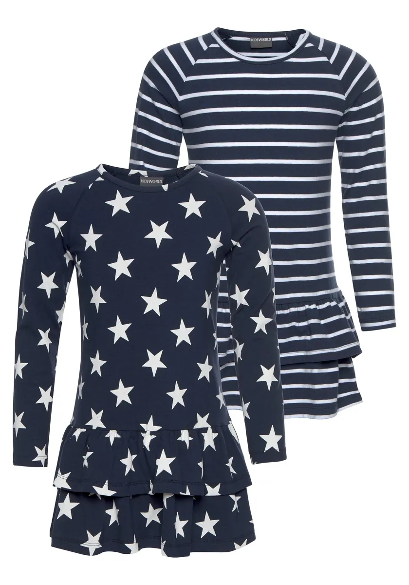 KIDSWORLD трикотажное платье "2 шт. для маленьких девочек" (2 шт. в упаковке), с полосками и звездами, цвет морской волны