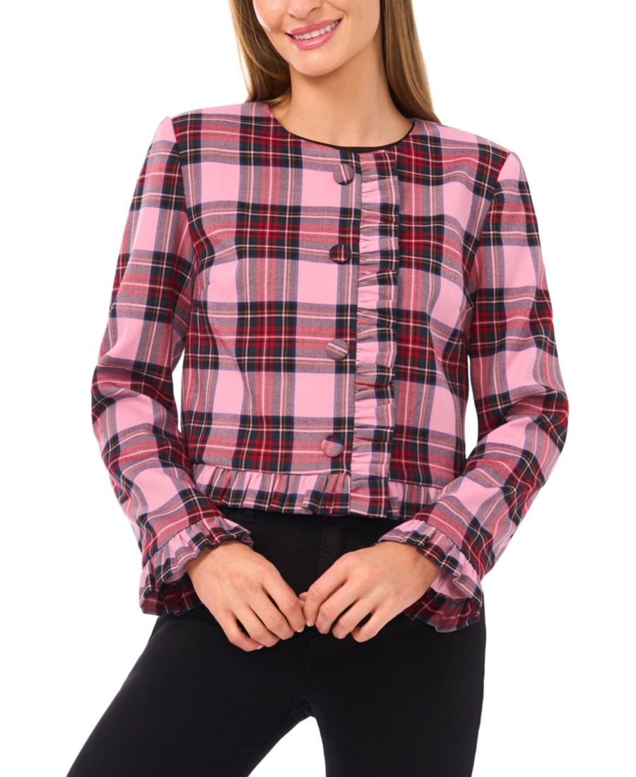 Женская куртка без воротника с круглым вырезом и оборками CeCe, Cameo Blush
Женская куртка без воротника с круглым вырезом и оборками CeCe, Cameo Blush