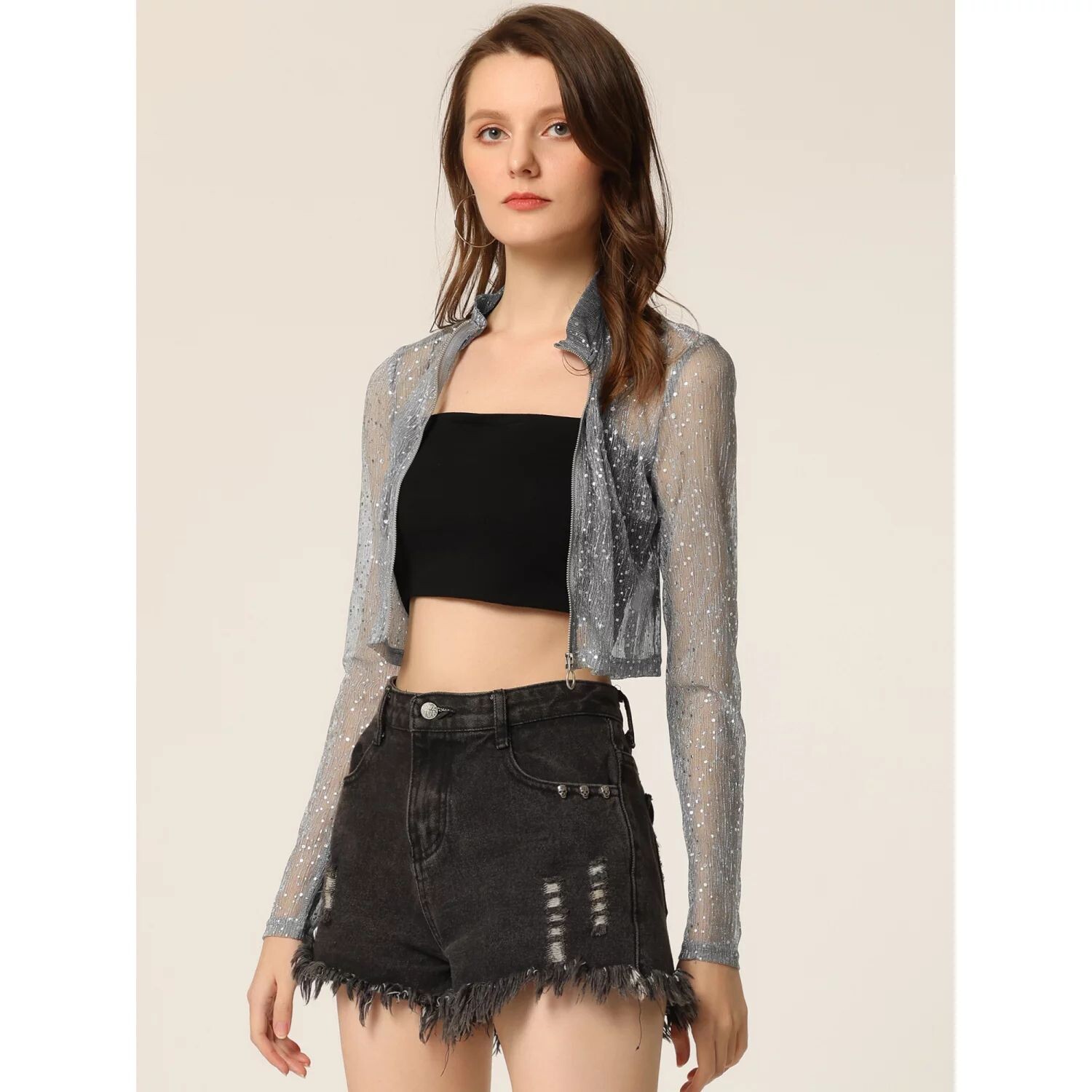 Женская полупрозрачная укороченная куртка с воротником-стойкой в горошек ALLEGRA K, серебряный, Серый, Женская полупрозрачная укороченная куртка с воротником-стойкой в горошек ALLEGRA K, серебряный
Женская полупрозрачная укороченная куртка с воротником-стойкой в горошек ALLEGRA K, серебряный, Серый, Женская полупрозрачная укороченная куртка с воротником-стойкой в горошек ALLEGRA K, серебряный