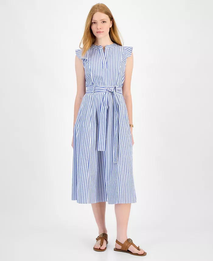 Женское хлопковое платье миди в полоску с рюшами Tommy Hilfiger, синий 
Женское хлопковое платье миди в полоску с рюшами Tommy Hilfiger, синий