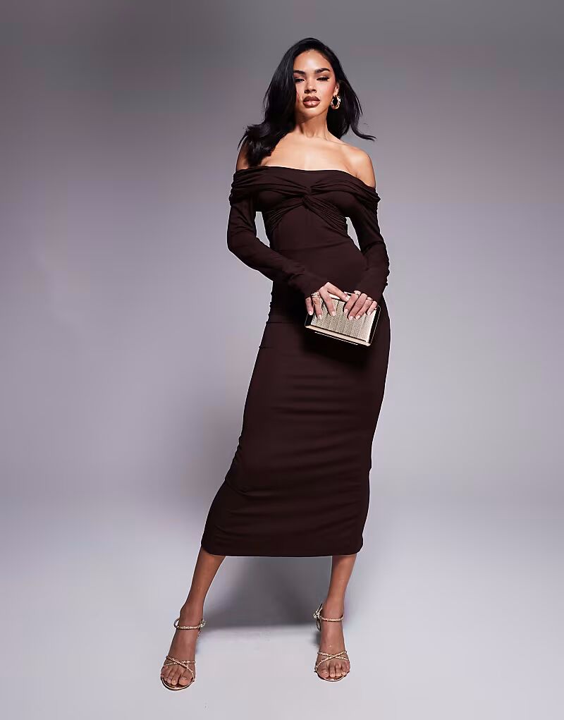 Платье миди с длинными рукавами и открытыми плечами ASOS DESIGN шоколадно-коричневого цвета с перекрученной деталью
Платье миди с длинными рукавами и открытыми плечами ASOS DESIGN шоколадно-коричневого цвета с перекрученной деталью