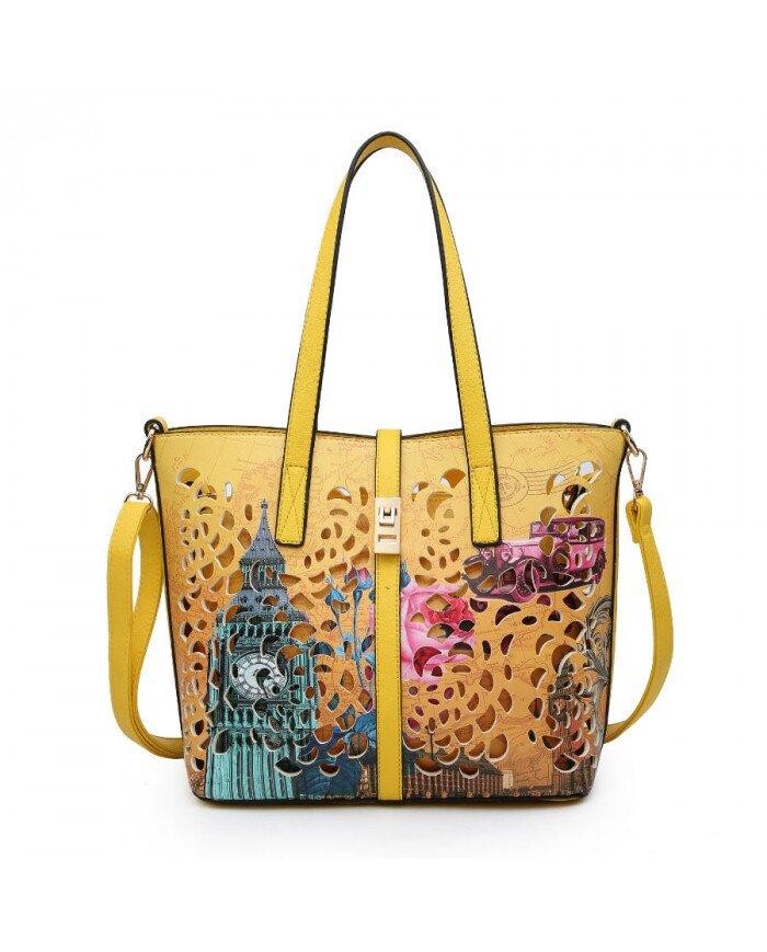 Сумка-тоут 2-в-1 через плечо с клапаном на застежке с узором, вырезанным лазером JFY, желтый