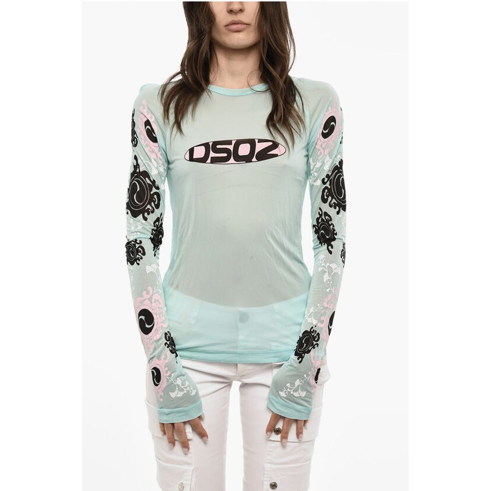 Топ с длинными рукавами и сетчатым принтом Dsquared2, Light Blue 
Топ с длинными рукавами и сетчатым принтом Dsquared2, Light Blue