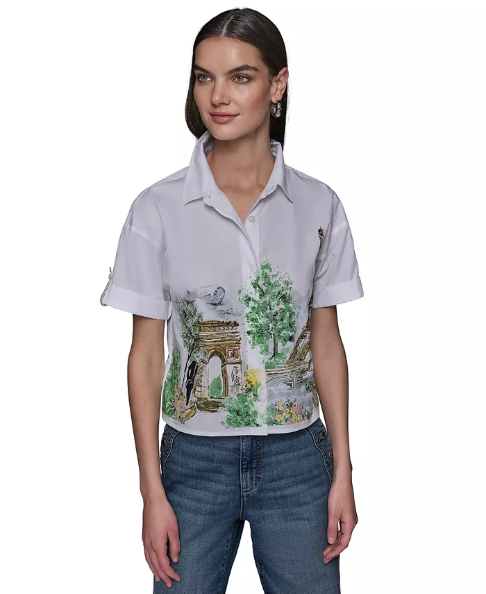 Женская хлопковая укороченная блуза с принтом "Париж" и застежкой на пуговицы KARL LAGERFELD PARIS, синий
Женская хлопковая укороченная блуза с принтом "Париж" и застежкой на пуговицы KARL LAGERFELD PARIS, синий