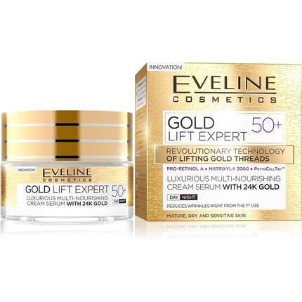 Gold Lift Expert Мультипитательный крем-сыворотка с 24-каратным золотом 50+ Крем-лифтинг для лица против морщин с витаминами A, B, D 50мл, Eveline Cosmetics
Gold Lift Expert Мультипитательный крем-сыворотка с 24-каратным золотом 50+ Крем-лифтинг для лица против морщин с витаминами A, B, D 50мл, Eveline Cosmetics