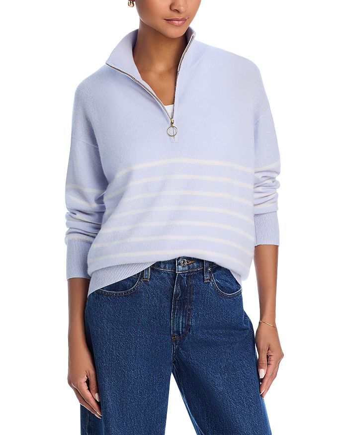 Вязаный свитер из кашемира с полосками и воротником-стойкой на четверть молнии - эксклюзив C by Bloomingdale's Cashmere, синий 
Вязаный свитер из кашемира с полосками и воротником-стойкой на четверть молнии - эксклюзив C by Bloomingdale's Cashmere, синий