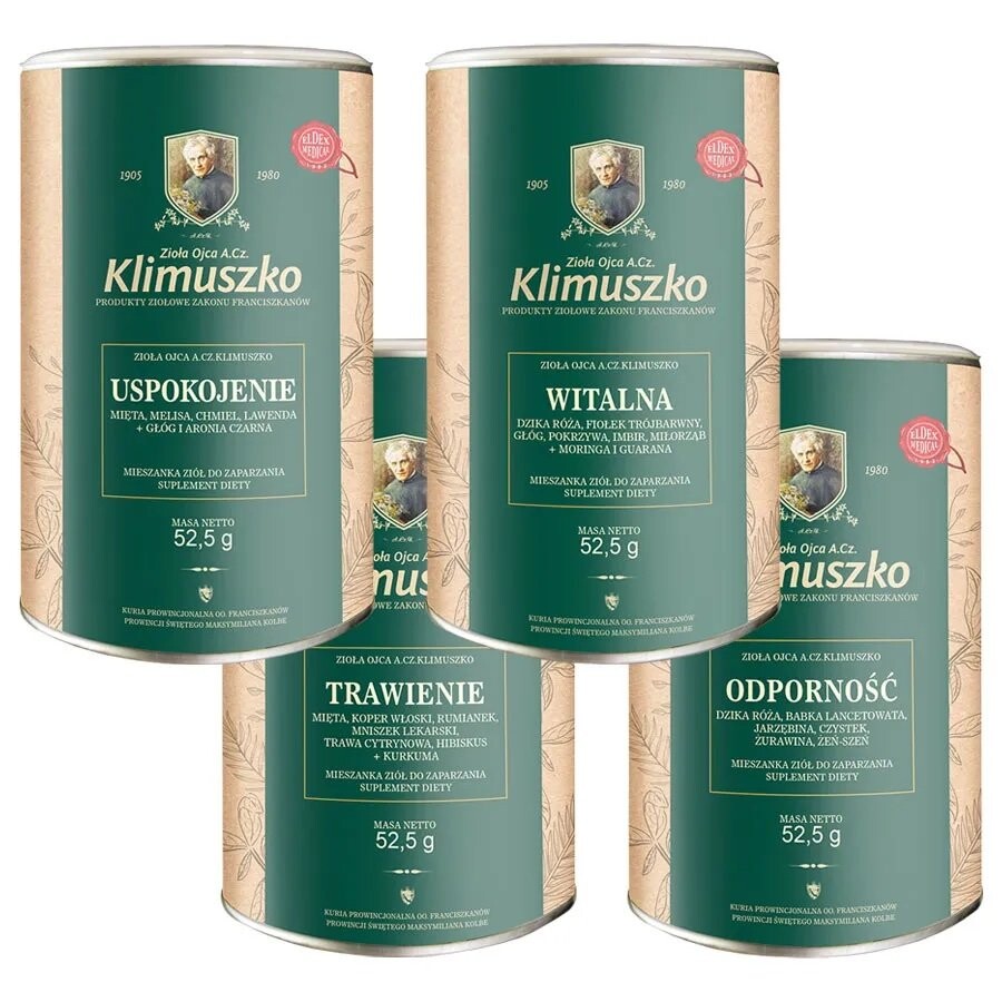 Травы отца Климушко, Набор травяных смесей: Жизненно важные, Успокаивающие, Пищеварение, Иммунитет, БАД, 4×52,5г Zioła Ojca Klimuszko
Травы отца Климушко, Набор травяных смесей: Жизненно важные, Успокаивающие, Пищеварение, Иммунитет, БАД, 4×52,5г Zioła Ojca Klimuszko