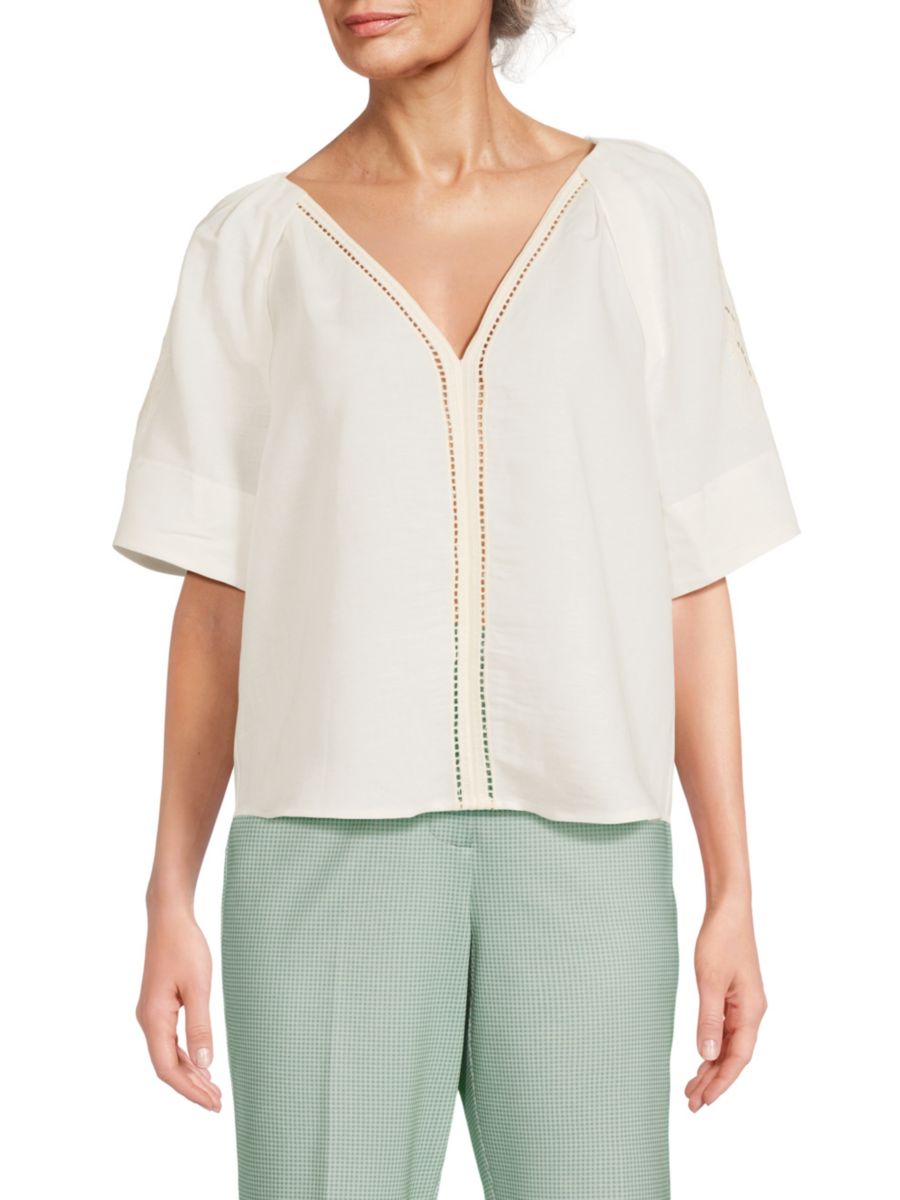 Блузка из смесовой льняной ткани с V-образным вырезом и строчкой лесенка T Tahari, цвет White Star
Блузка из смесовой льняной ткани с V-образным вырезом и строчкой лесенка T Tahari, цвет White Star