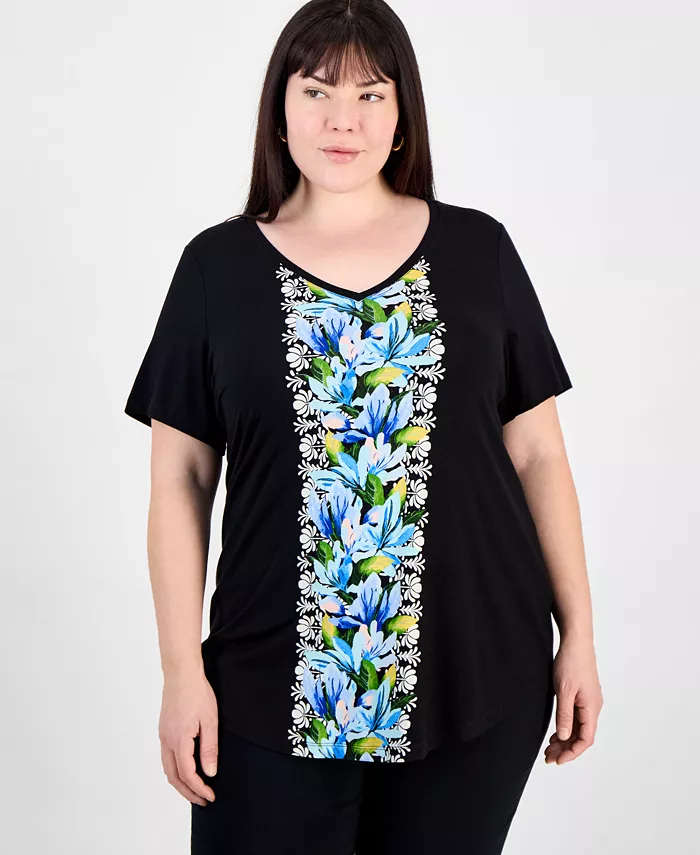 Топ с V-образным вырезом и короткими рукавами больших размеров JM Collection, черный
Топ с V-образным вырезом и короткими рукавами больших размеров JM Collection, черный