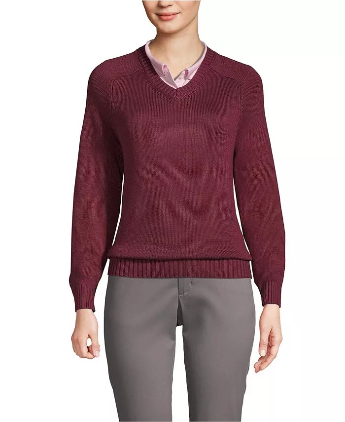 Женская школьная форма, хлопковый модал, свитер с V-образным вырезом Lands' End, красный 
Женская школьная форма, хлопковый модал, свитер с V-образным вырезом Lands' End, красный