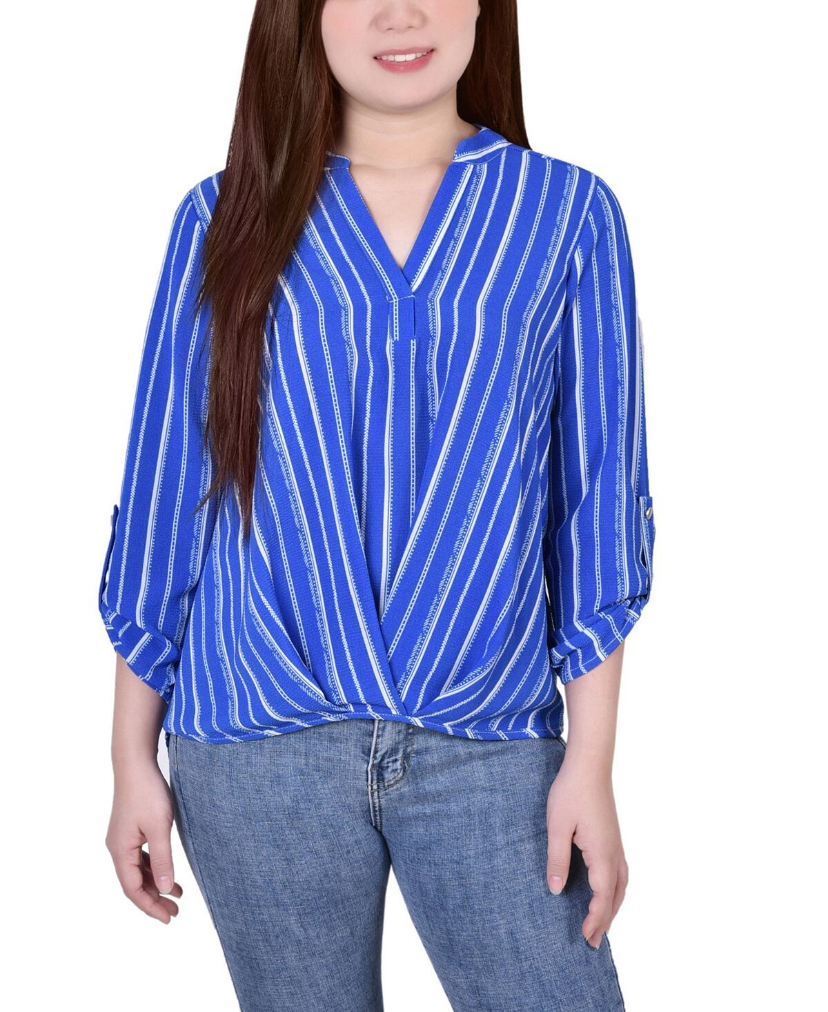 Блузка petite size 3/4 с пуговицами и воротником-стойкой со складками спереди NY Collection, мульти 
Блузка petite size 3/4 с пуговицами и воротником-стойкой со складками спереди NY Collection, мульти