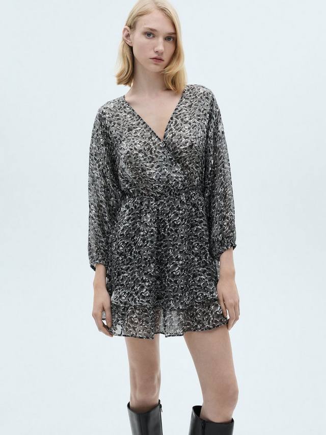 Мини-платье с леопардовыми оборками Mango, черный 
Мини-платье с леопардовыми оборками Mango, черный