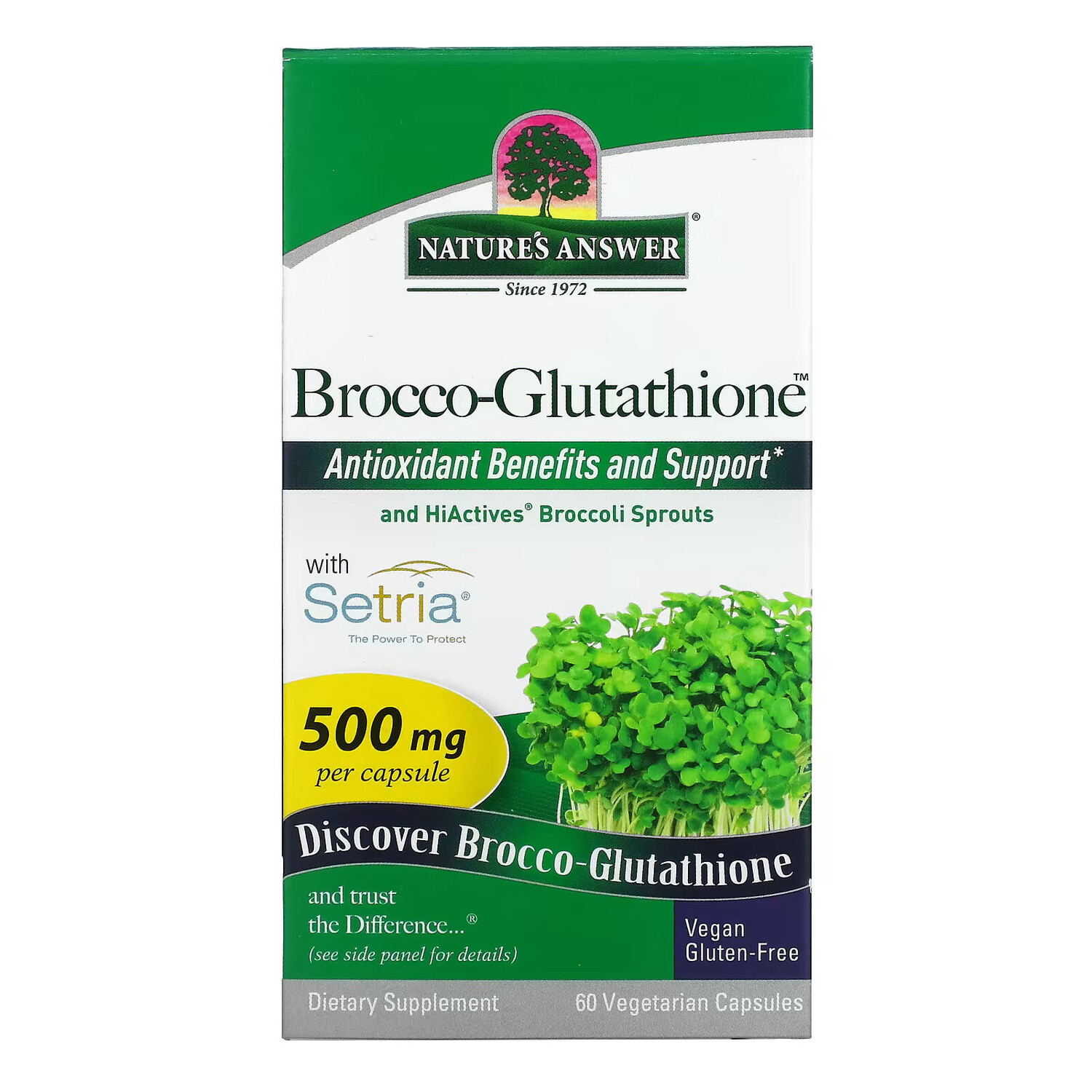 Nature's Answer, Brocco-Glutathione, средство с брокколи и глутатионом, 500 мг, 60 растительных капсул
Nature's Answer, Brocco-Glutathione, средство с брокколи и глутатионом, 500 мг, 60 растительных капсул