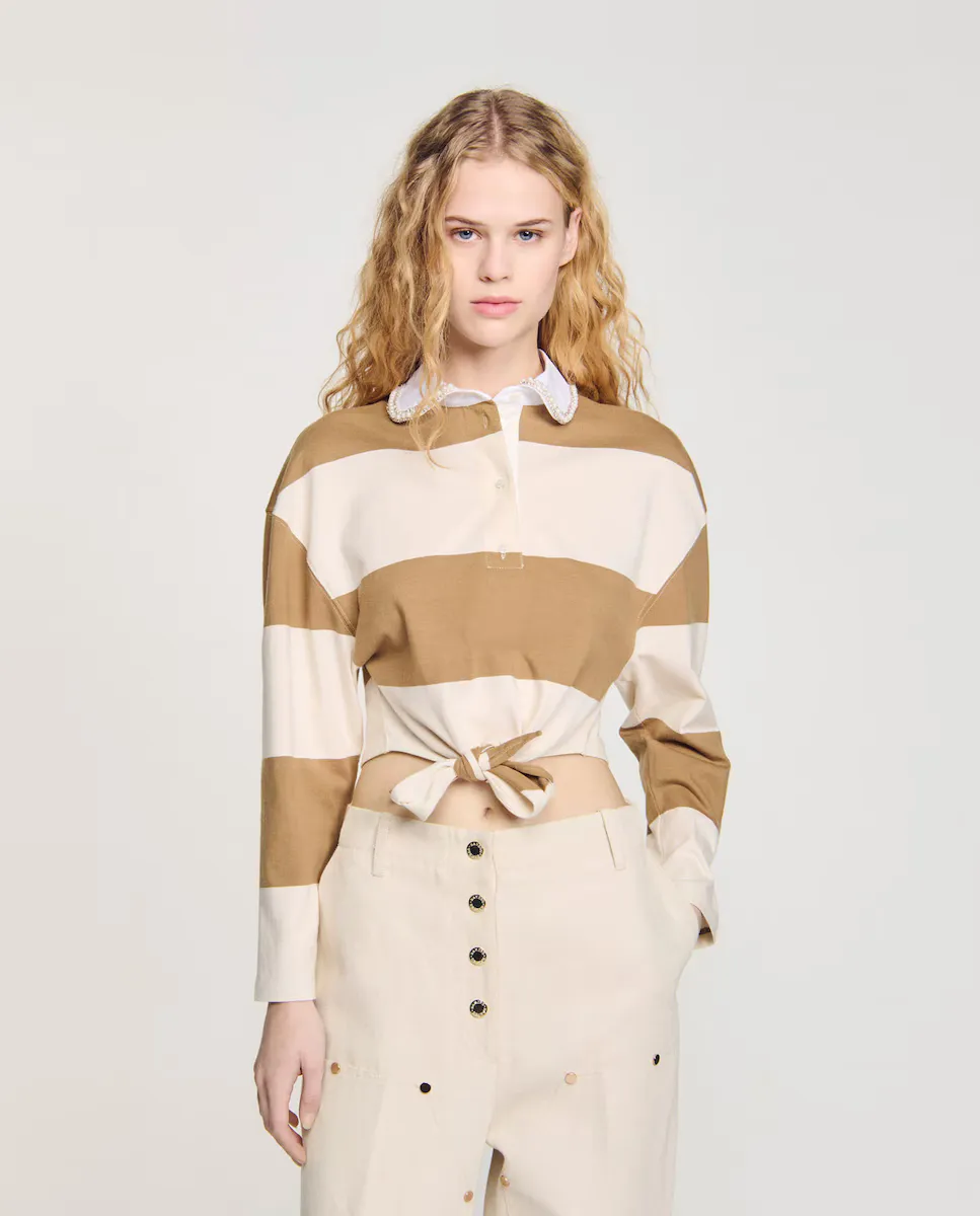 Женская футболка поло в полоску со стразами Sandro, бежевый
Женская футболка поло в полоску со стразами Sandro, бежевый