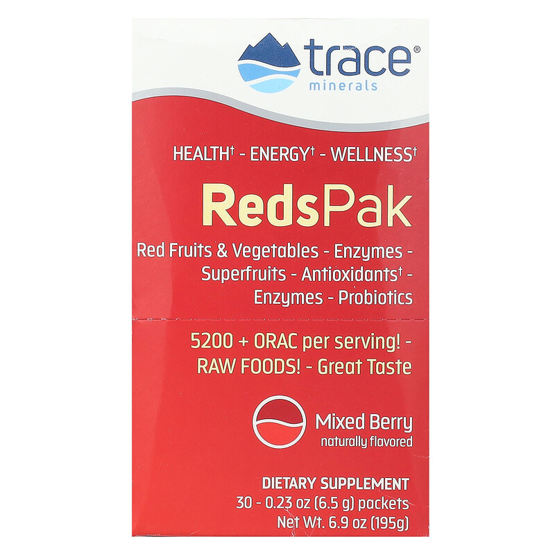 Trace, Reds Pak, ягодное ассорти, 30 пакетиков по 6,5 г (0,23 унции)
Trace, Reds Pak, ягодное ассорти, 30 пакетиков по 6,5 г (0,23 унции)