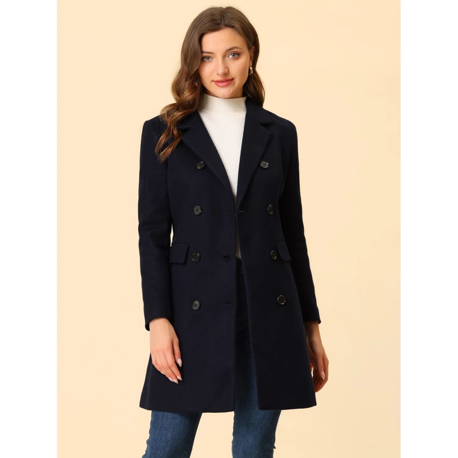 Женское двубортное пальто средней длины с воротником с зубцами и лацканами ALLEGRA K 
Женское двубортное пальто средней длины с воротником с зубцами и лацканами ALLEGRA K